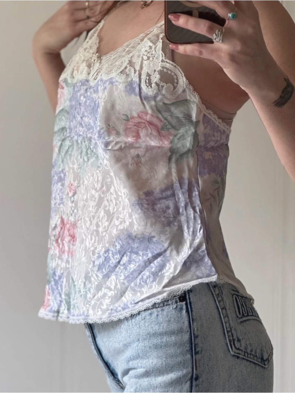 Vintage Lace Trim Floral Satin Camisole in Cream and Pastel Floral Slip Top - Picture 3 of 10